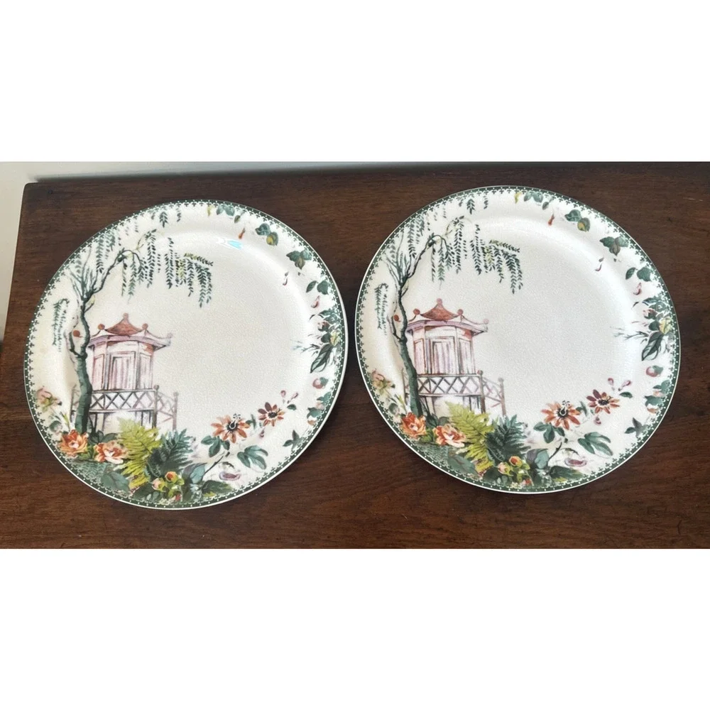 Pottery Barn “Chinoiserie” Pagoda Dinner Plates 10.75” Crazed Finish Set of 4